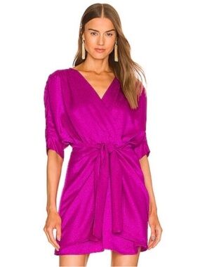 Callahan Fuchsia Satin Jacquard Wrap Mini Dress Tie Waist Small NWT